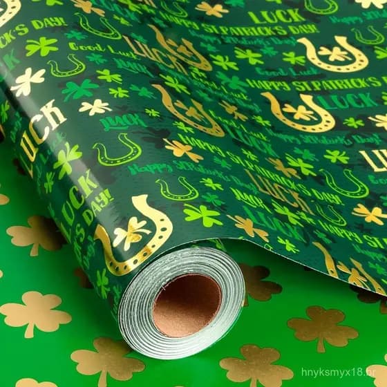 Papel de Presente Reversível Flyhill Verde para o Dia de São Patrício, com Ferraduras Douradas e Shamrock, para o Dia de