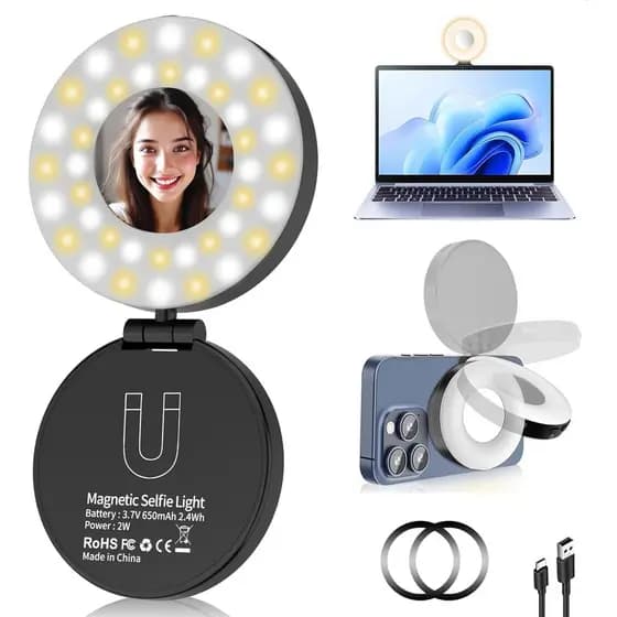 Magnetic Selfie Light for iPhone with a Mirror & Two Magnetic Rings, LED Fill Light with Strong Magnetic Capability for