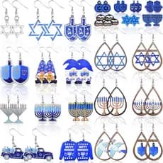 Remuuly 24 Pares de Brincos Pendentes de Madeira para Hanukkah para Mulheres, Menorá, Dreidel, Presentes de Hanukkah, Jo