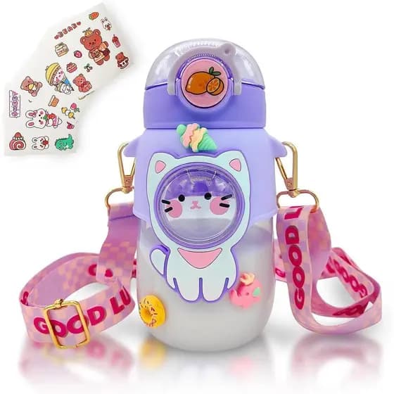 Garrafa de Água Kawaii, Garrafas de Água Fofas para Meninas, Garrafa de Água Kawaii com Canudo e Alça Ajustável, Garrafa