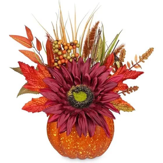 Arranjo Floral de Abóbora Artificial com Girassóis Borgonha e Folhas de Outono – Centro de Mesa de Outono para Decoração