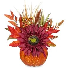 Arranjo Floral de Abóbora Artificial com Girassóis Borgonha e Folhas de Outono – Centro de Mesa de Outono para Decoração