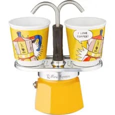 Bialetti-MiniExpressLichtenstein: Conjunto Moka inclui 2 cafeteiras (2,8 onças) + 2 xícaras, amarelo, alumínio UYY3