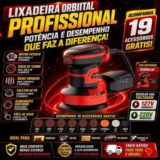 Lixadeira Orbital Profissional 350W Para Madeira, Gesso e Parede 127/220V Bivolt