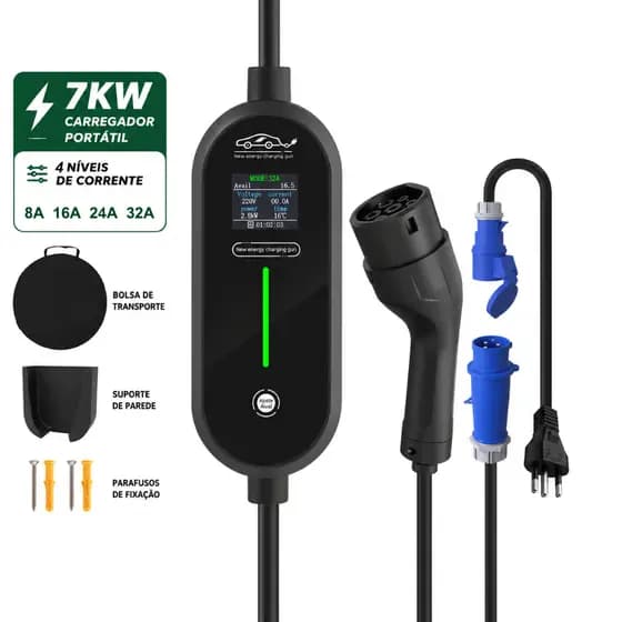 Carregador Portátil para Veículo Elétrico 7kW 32A 110V/220V Bivolt
