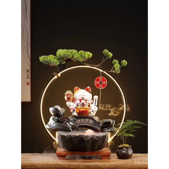 Fonte de Água Decorativa Criativa com Gato da Sorte para Decoração de Escritório, Display de Mesa com Água Circulante, D