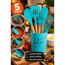 Kit 5 Utensílios Silicone: Espátula, Batedor e Pincel