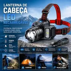 Farol de Cabeça P50 3 Modos IPX4 1800mAh Ângulo 90° Zoom Ajustável para Camping Trilha Pesca