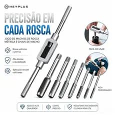 Kit Macho para Abrir Rosca M3 a M12 – 8 Peças, Vira Macho Manual, Aço Carbono, Ferramenta para Refazer Rosca em Ferro, M