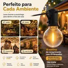 Cordão de Luzes G40 LED 15 Metros 25 Lâmpadas – Luz Quente para Festas, Jardim e Pátio