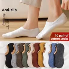 [Conjunto de 10 pares] Meias femininas verão cor sólida boca rasa meias invisíveis antiderrapantes de Silicone meias fem