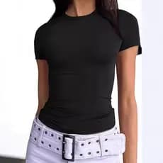 Camiseta feminina com gola redonda e manga curta, Top curto de cor sólida