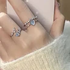 Mar azul coração Moonstone anel aberto feminino estilo coreano fresco doce anel ajustável nicho Design jóias