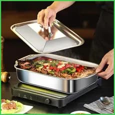 Placa De Grelha Bandeja De Cozimento De Aço Inoxidável Com Tampa Frigideira Para Churrasco Peixe Carne Legumes Cozinhar