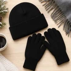 Kit de Inverno Touca e Luvas Lã Adulto Preta Básica Kit Para o Frio Gorro + Luva Tricô