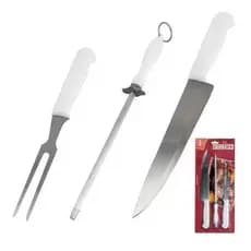 Kit Churrasco 3 Peças Com Faca Garfo Chaira Profissional Aço Inox Alta Qualidade Cachaira Amolador Kit Completo