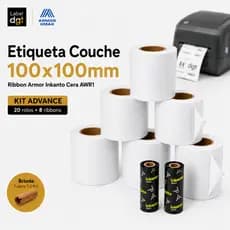 Kit 20 Etiquetas Couche 100x100 + 8 Ribbons Cera 110x74 Armor Inkanto Zebra Argox Envios Ecommerce