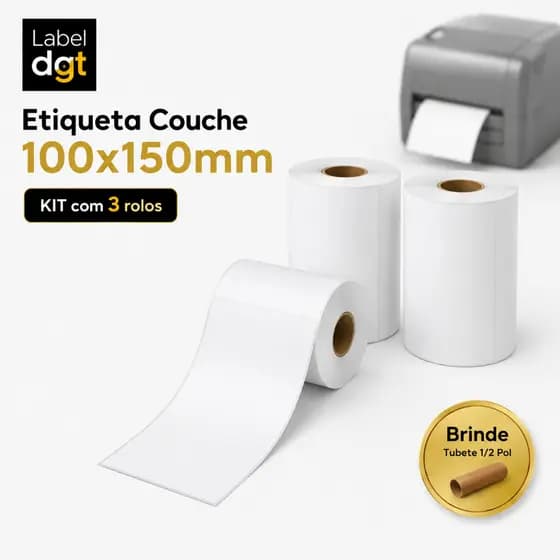 Kit 3 Etiquetas Couche 100x150mm sem Serrilha Zebra Argox Elgin + Brinde Tubete Ribbon 1/2 pol
