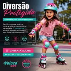 Kit Proteção Infantil Veloce Kids™ 7 Peças Capacete Joelheira Cotoveleira Munhequeira Ajustável para Bicicleta Skate