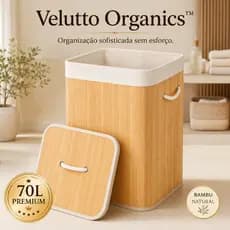 Velutto Organics™ Cesto Organizador Bambu 70L Com Tampa Alças Lavanderia Quarto Decoração Premium