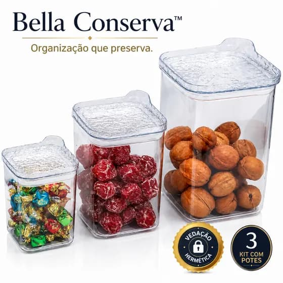 Kit 3 Potes Herméticos Quadrados com Vedação Bella Conserva™