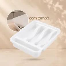 Porta Talheres Com Tampa 4 Divisórias Organizador Cozinha Plástico Branco Compacto Multiuso