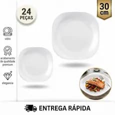 Kit Jogo de 24 Pratos Raso Plaza Nadir Opaline 30cm Quadrado Elegante Restaurante Cozinha Moderna
