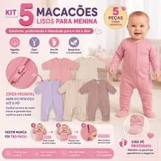 Kit 5 Macacão Bebê Ziper Menina Algodão Vira Pé Inverno Enxoval Macio Inverno Menino
