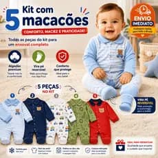 Kit 5 Macacões Bebê Menino Algodão Vira Pé Inverno Estampado Macio Confortável Enxoval