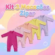 Kit 3 Macacão Menina Liso Bebê Algodão Zíper Vira Pé Inverno Infantil Macio Macacões