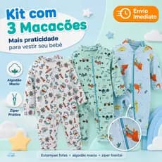 Kit 3 Macacão Estampado Ziper Suedine Menino Bebê Algodão Vira Pé Inverno Infantil Macio Macacões