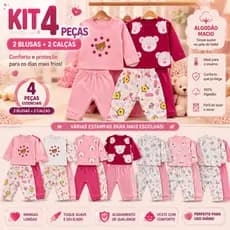 Kit Conjunto Bebê Menina 4 Peças Inverno Algodão Infantil Estampas Divertidas Manga Longa Calça