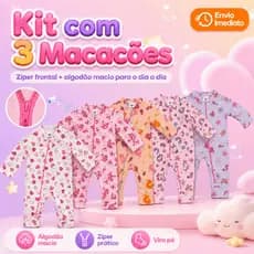 Kit 3 Macacão Estampado Ziper Menina Bebê Algodão Vira Pé Inverno Verao Infantil Macio Macacões