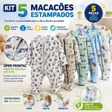 Kit 5 Macacão Menino Bebê Estampado Ziper Algodão Vira Pé Inverno Verao Infantil Macio Macacões