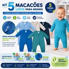 Kit 5 Macacão Bebê Ziper Menino Algodão Vira Pé Inverno Enxoval Macio Inverno Menina
