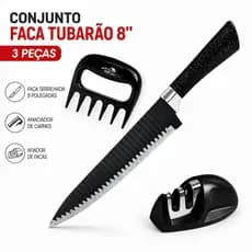 Conjunto De Faca Churrasco Inox + Garra De Urso + Afiador Amolador Tubarão Casa Top