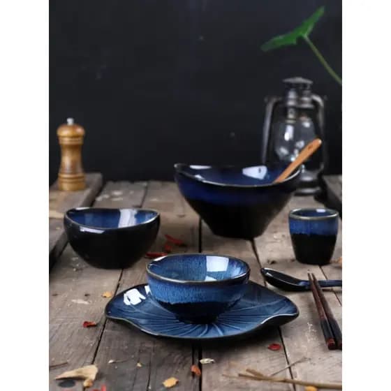 Conjunto de talheres de cerâmica azul esmalte forno mudança placa pratos colher tigela arroz doméstico tigela macarrão p