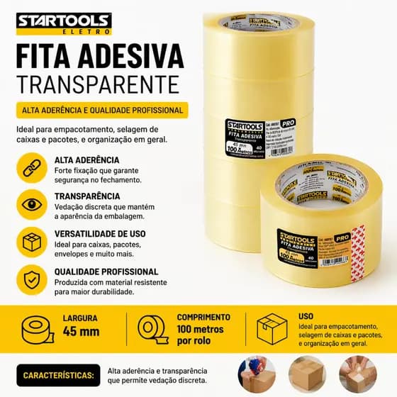 Fita Adesiva Transparente 45mm 100m Rolos Startools Alta Aderência Embalar