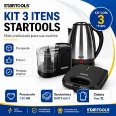 Kit Startools Cozinha 3 em 1 Mixer de Mão Elétrico Chaleira Elétrica Inox 2L Grill Sanduicheira Preta