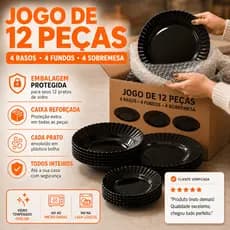 Kit Jogo 12 Pratos De Vidro Opaline Sendo 04 Fundo 04 Raso e 04 Sobremesa Liso Preto Canelado