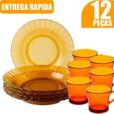 Kit Mesa Posta Âmbar 12 Peças 6 Pratos Solar Listrado + 6 Xícaras Sino 190ml Café Chá Aparelho