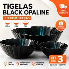 Kit 3 Tigelas Redondas Black Opaline Vidro Preto Brilhante 470ml 1,13L 1,8L Para Salada Sobremesa Petiscos Mesa Posta