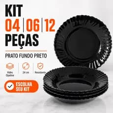 Kit Jogo de 04/06/12 Pratos De Vidro Opaline Fundo Liso Preto Canelado 24 cm Resistente muito duravel.