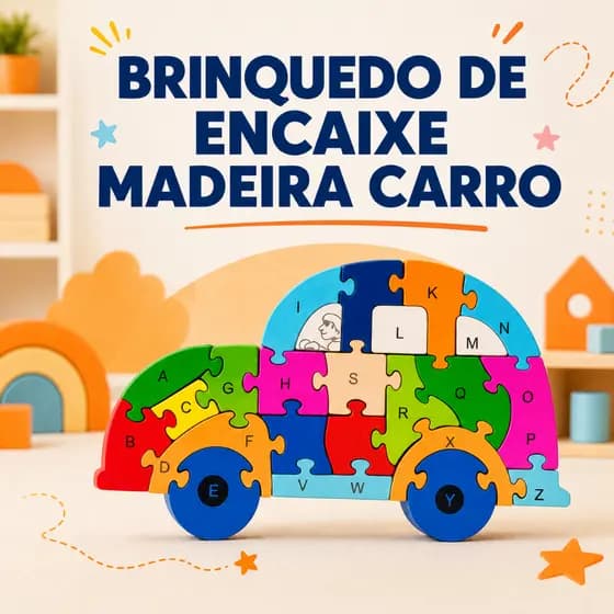 Quebra Cabeça Madeira Infantil Carro Fusca 3D Educativo Pedagógico 26 Peças Letras Números Brinquedo De Encaixe