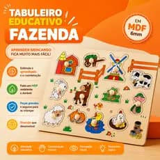 Brinquedo Educativo Infantil Tabuleiro Fazenda em Madeira MDF Puzzle de Encaixe Montessori Coordenação Motora Animais