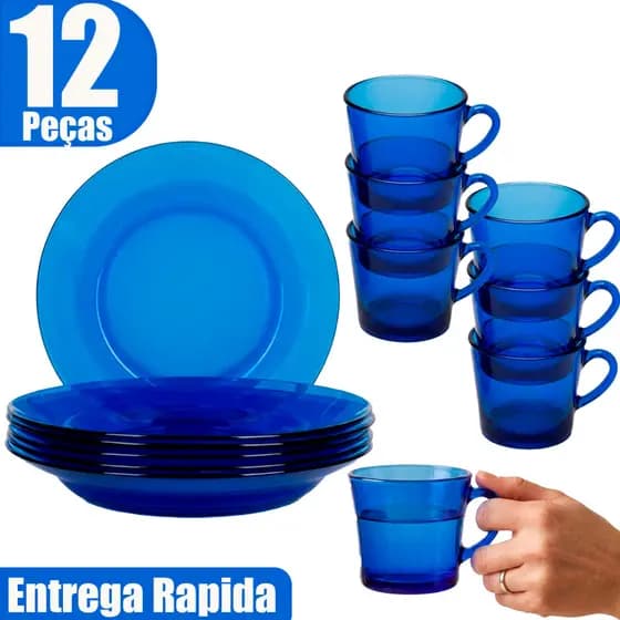 Kit Mesa Posta Oceano 6 Pratos Azul Oceano 6 Xicaras Sinos Azul Oceano 190ml Café Chá