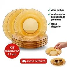 Jogo de Prato de VIDRO Kit 04/06/12 PEÇAS Pratos AMBAR TRABALHADO Marrom Mesa Cozinha Restaurante 22 cm vidro ambar P...