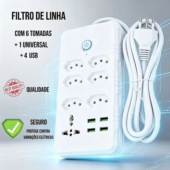 Filtro de Linha 7 Tomadas 4 USB 1 Universal Bivolt 10A 110V 220V Cabo 2m Extensão Elétrica