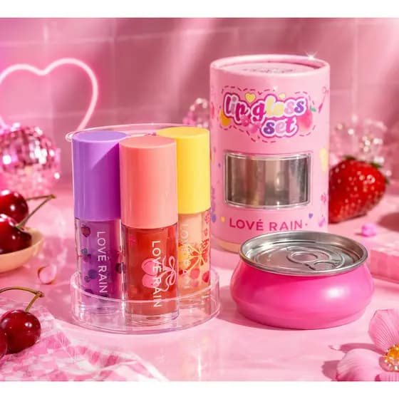Kit Gloss Frutados Latinha Fofa Decorativa com 4 Lip Gloss Set