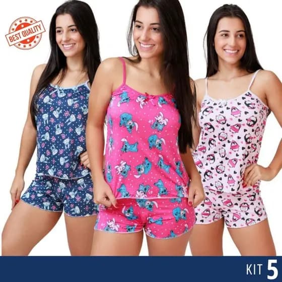 Kit com 5 Baby Doll em Poliéster Estampado Short Doll Feminino Conjunto Adulto Linha Noite.